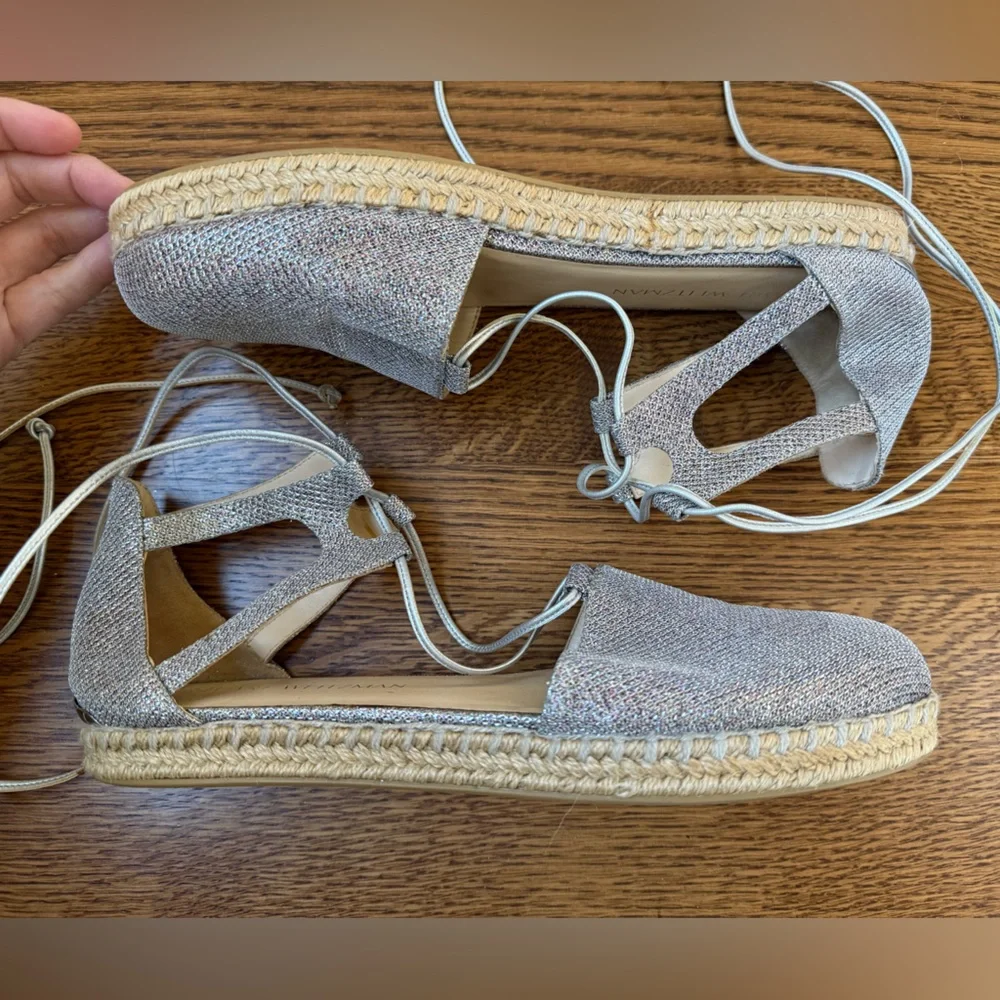 STUART WEITZMAN Walk My Way Glitter‎ Lace Up Espadrilles Metallic Feminine 9.5